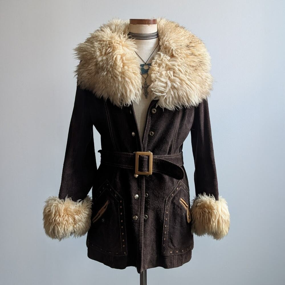 70s Vintage Brown Suede Jacket Penny Lane Coat Shearling Fur Trim Western Small